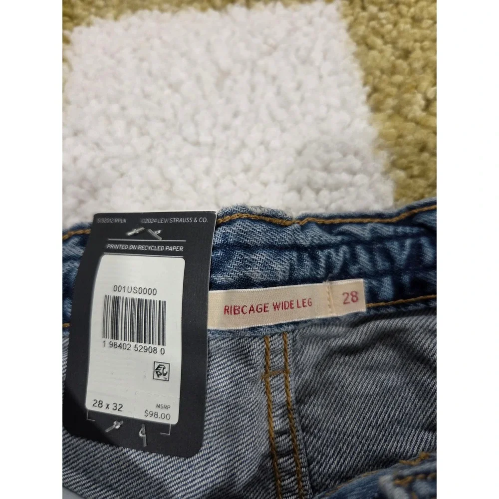 Levis Ribcage Wide Leg Braided Waist Jeans Medium Wash 28x32 001US0000 NEW
